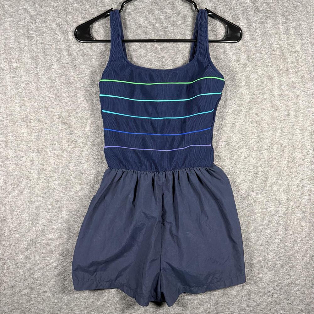 Vintage 80s Gabar Swimwear Womens 8 Navy Rainbow Stripe One Piece Romper Resort